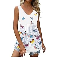 Sleeveless T Shirt for Women Summer Fall Vneck Floral Print Long Slim Tunic Pleated Basic Tops T Shirt Women 2024