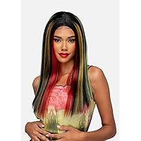 Vivica A. Fox GEM, SYNTHETIC HAIR, Natural Baby Lace Wig, Color CRAYOLA1, Stripe Highlight Color. Off black(#1B) Base and Red, Yellow & Green Highlights