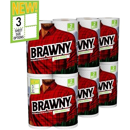 Brawny Paper Towels, 12 Count Rolls, Tear-A-Square, 128 Sheets Per Roll