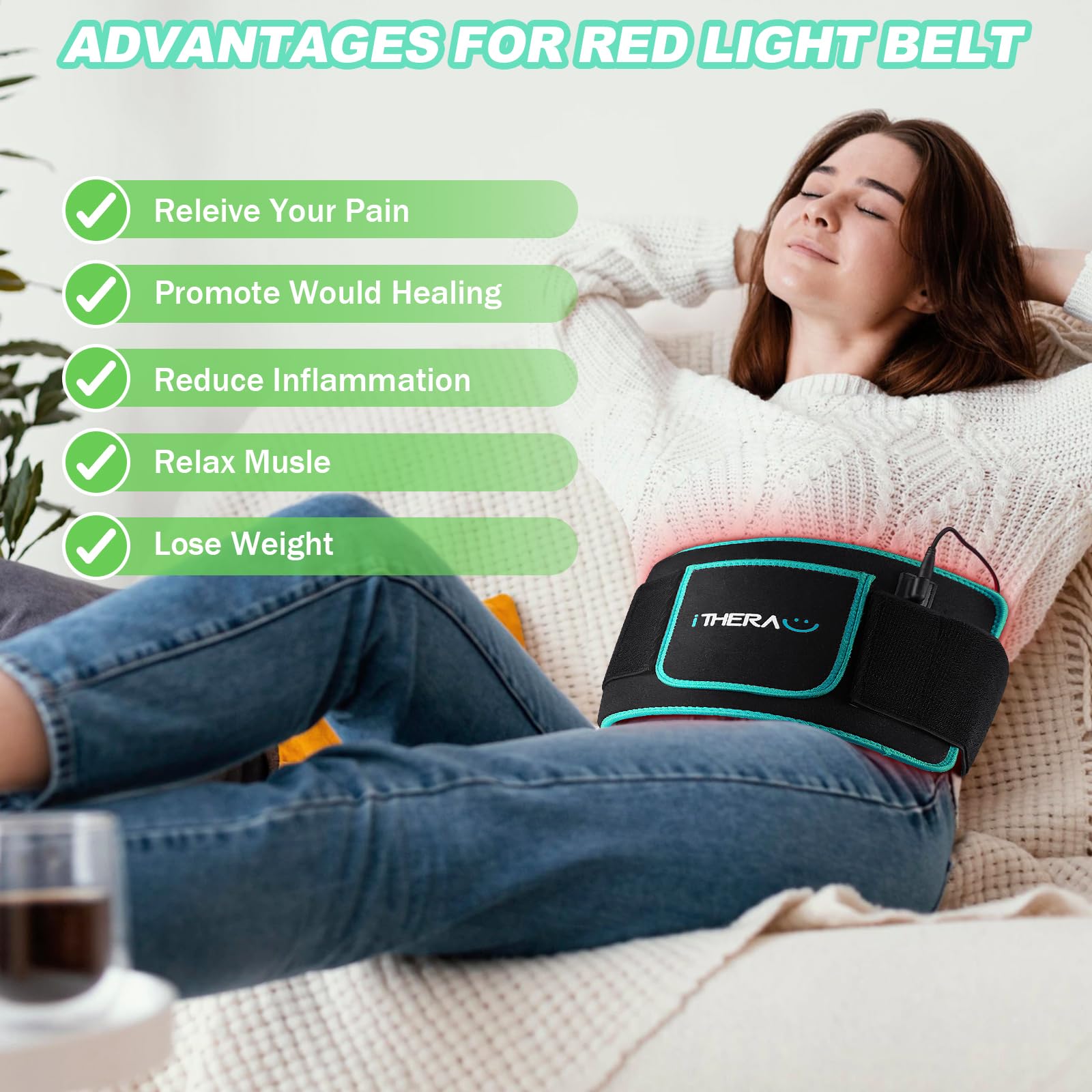 iTHERAU Red Light Therapy Belt 120LED Removable Case, Infrared Red Light Device for Body, Resolve Inflammation, Relieve Joint or Back Pain, Muscle Stiffness, Lipo Wrap for Body 660 & 850nm Wavelengths