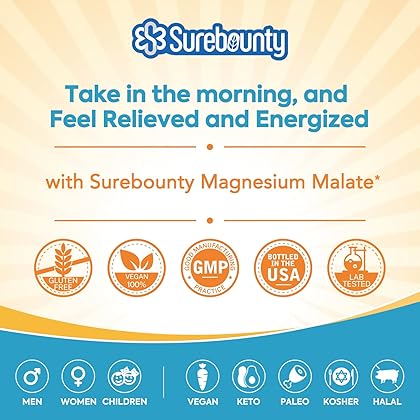 Surebounty Magnesium Malate, 410 mg Magnesium Malate (45 mg Elemental Magnesium), Morning MAG Regimen, Energy & Muscle, for Children, Teenagers, and Adults, No Oxide, 90 Easy to Swallow Capsules