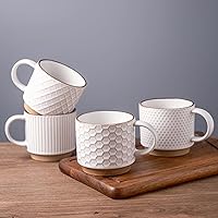15OZ Stackable Coffee Mugs, Ceramic Coffee Mugs with Texture Patterns for Man,Woman,Dad,Mom, Modern Coffee Mugs Set of 4 for Latte/Cappuccino/Cocoa. Dishwasher&Microwave Safe, Off White