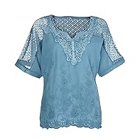 Plus Size Women Hollow Out Short Sleeve V Neck Tops Summer Floral Embroidery Trendy Casual Loose Fit Solid T-Shirts