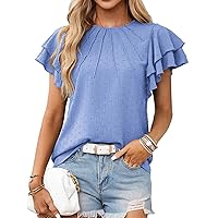 JASAMBAC Women Dressy Casual Tops Crew Neck Ruffle Short Sleeve Blouses Swiss Dot Pleated Business Work Shirts Summer Outfits