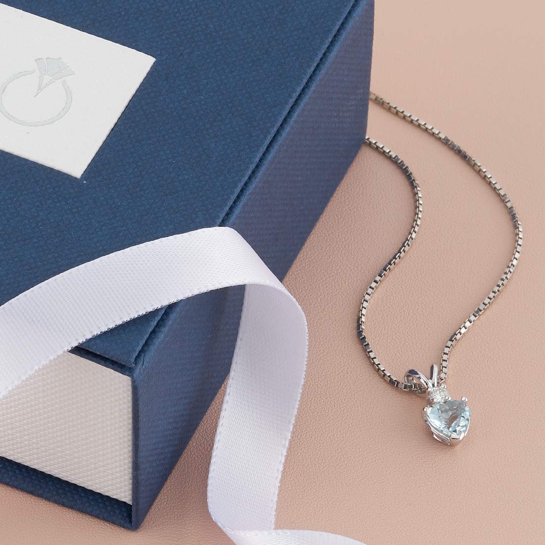Peora Aquamarine with Diamond Pendant 14K White Gold, Heart Shape Solitaire, 6mm, 0.75 Carat total