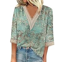 3/4 Sleeve Tops Floral Tops for Women Bohemian Print Fashion Print Casual Loose Fit with 3/4 Length Sleeve V Neck Blouses Dark Green XX-Large