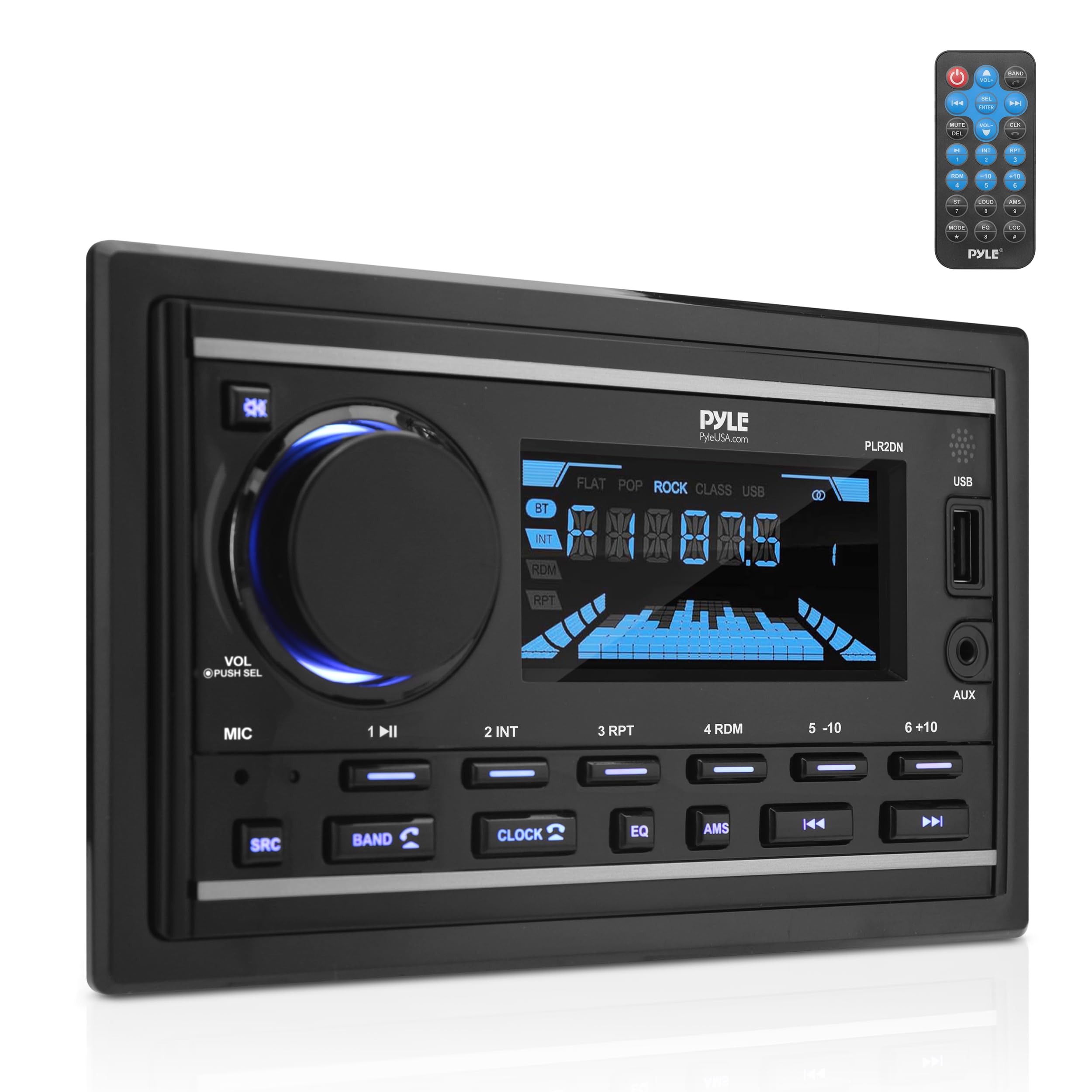 Pyle Boat Bluetooth Marine Stereo Receiver-Marine Head Unit Double DIN Stereo Receiver Power Amplifier-Hands-Free Calling,LCD,AM/FM/MP3/BT/USB/AUX-Remote Control,Wiring Harness-Pyle PLR2DN