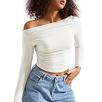 SUUKSESS Women Off Shoulder Long Sleeve Shirts Double Lined Fitted Crop Tops
