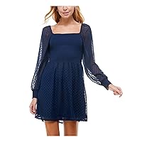 Womens Navy Sheer Smocked Long Sleeve Square Neck Mini Party Fit + Flare Dress Juniors L