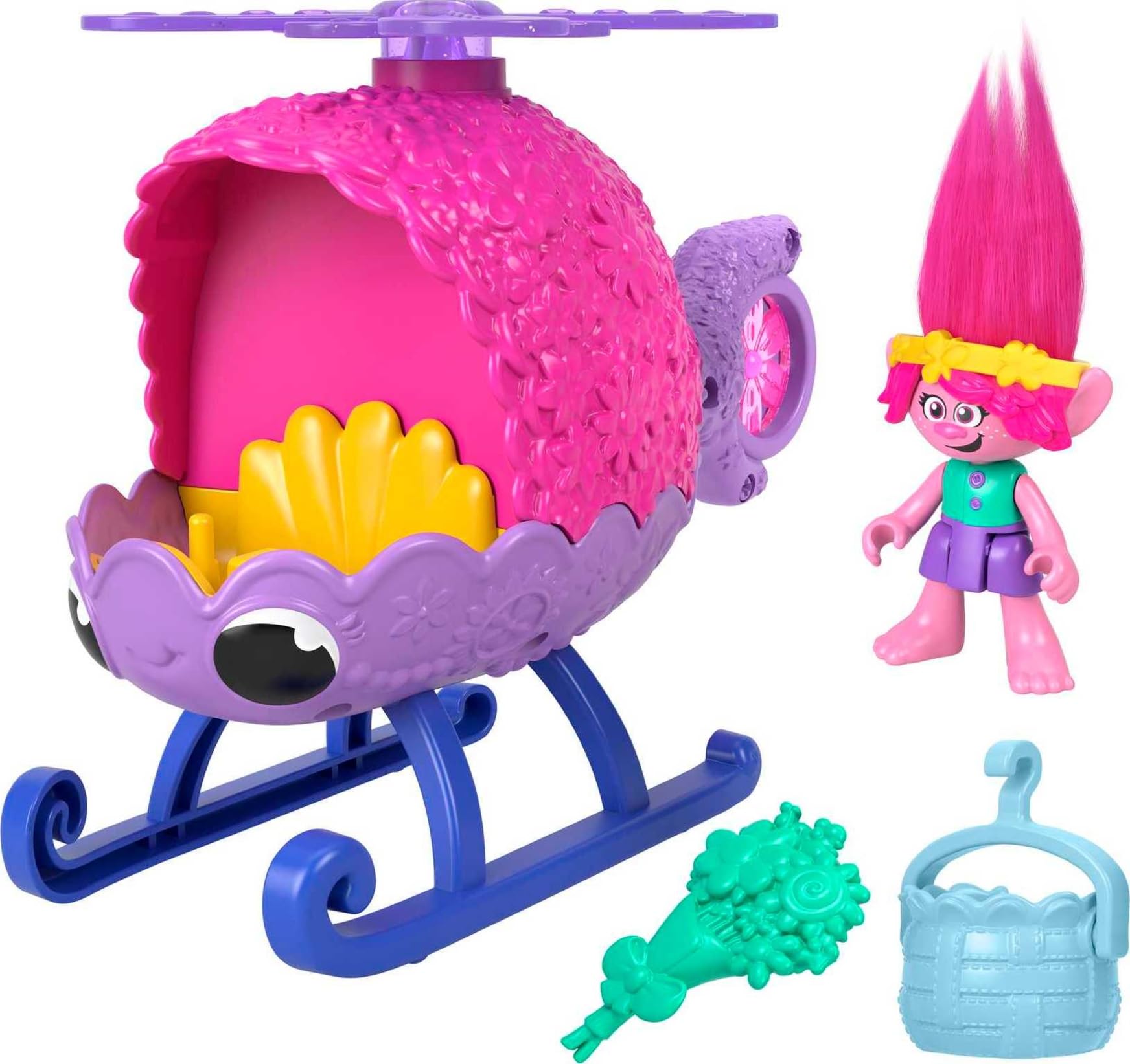 Fisher-Price Imaginext DreamWorks Trolls Toy Helicopter and Poppy Figure Playset, Poppy’s Copter with Spinning Propellers, Age 3-8 Years