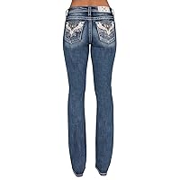 Miss Me Women's Mid-Rise Floral Western Embellished Pockets Slim Boot Jeans