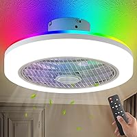Low Profile Ceiling Fan with Light Remote Control, Modern Bladeless Ceiling Fan with RGB Light, Enclosed Ceiling Fan with Colorful Light Modes for Bedroom Kitchen