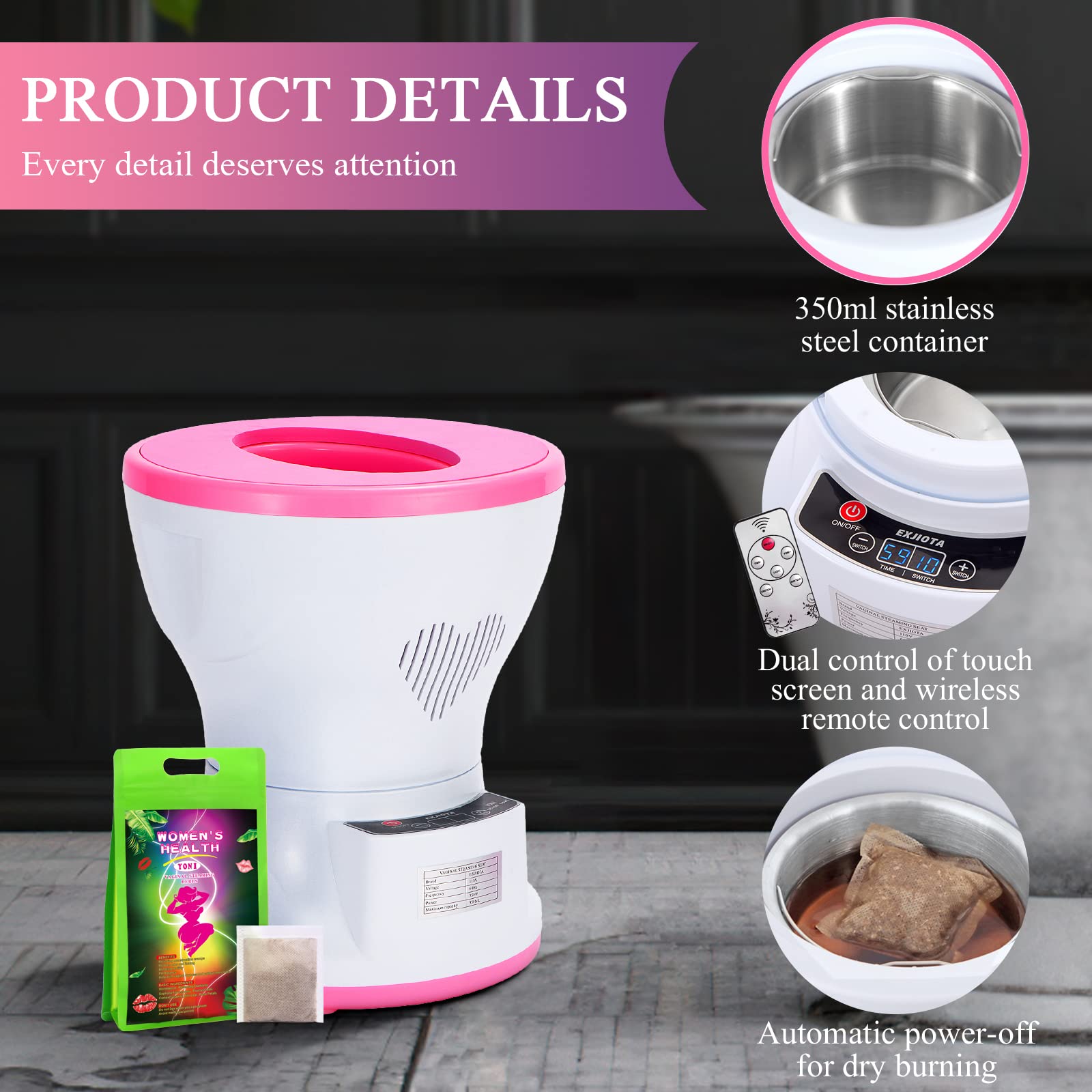 EXJIOTA Yoni Kit, Newest Steam Seat Yoni Pot with Remote Control and Steaming Herbs(20 Bags),100 PCS Disposable Seat Covers, Update Electric V Steam at Home Kit for Women Cleansing, Menstrual Support and Feminine Odor
