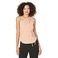 BCBGMAXAZRIA Women's Fitted Top Pleated One Metal Chain Strap Tie Waist Belt Asymmetrical Neck Shirt, Cafe, X-Large