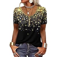 Women's Boho Floral Print Short Sleeve Top Vintage Western Flower Blouse Shirt V Neck Button Henley Blouse