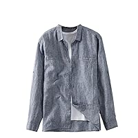 Men's Linen Shirt with Turn-Down Collar and Patch Pockets, Casual Loose Comfortable Open Front