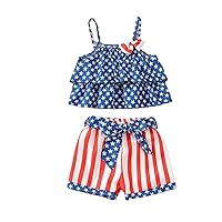 Womens Checke Outfit Toddler Kids Girls 4 of July Words Tassel Sleeveless Independence Day Tops Baby (Blue, 3-4 Years)