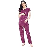 Zeyo Women's Cotton Heart Printed Maternity & Feeding Night Suit Set of Top & Pyjama Nursing Night Dress 5327