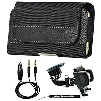 Deluxe Leather Wallet Holster Pouch Case for Greatcall Jitterbug Smart2, Smart, Flip, Google Pixel 3XL, 3, 2XL, 2, Gionee M6, S6s, S9, A1 Cellphones, (and Windshield Car Mount and AUX Cable)