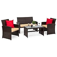 Best Choice Products 4-Piece Outdoor Wicker Patio Conversation Furniture Set for Backyard w/Coffee Table, Seat Cushions - Brown/Beige
