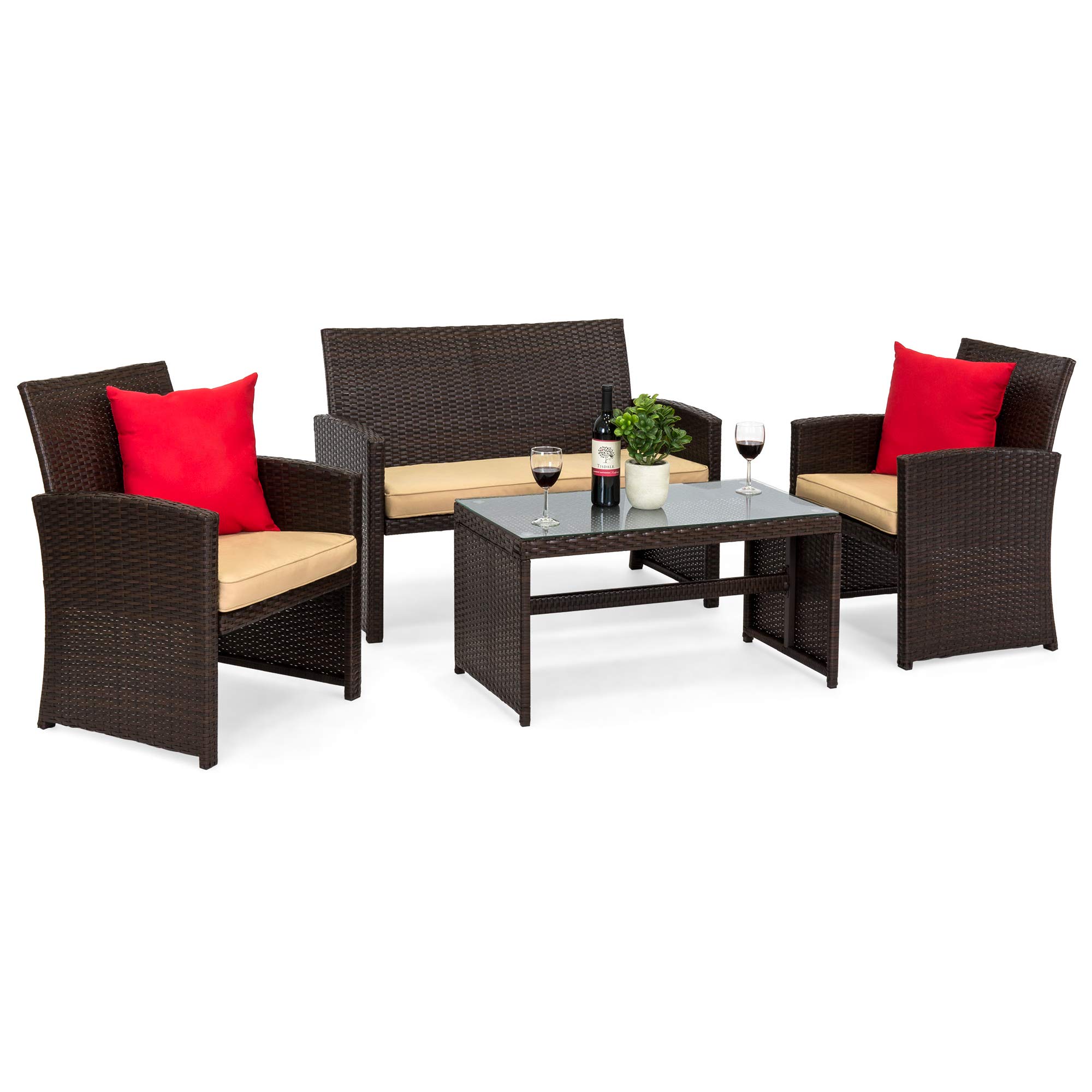 Best Choice Products 4-Piece Outdoor Wicker Patio Conversation Furniture Set for Backyard, Deck, Poolside w/Coffee Table, Seat Cushions - Brown Wicker/Beige Cushions