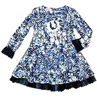 L/S Navy Blue & White Floral Print Beetlejuice Knit Toddler/Girls Dress W/Tulle Hem 2T-8