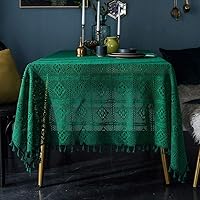 Green Plaid Embroidered Tablecloth with Tassels Boho Handmade Crochet Square Table Cloth Lace Kitchen Dinning Table Desk Cover for Wedding Party Decor, 55