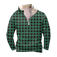 Men's 1/4 Zip Pullover Plaid Stand Neck with Fleece Graphic Print Mens Fashion Shirts Long Sleeve Active Sweatshirt