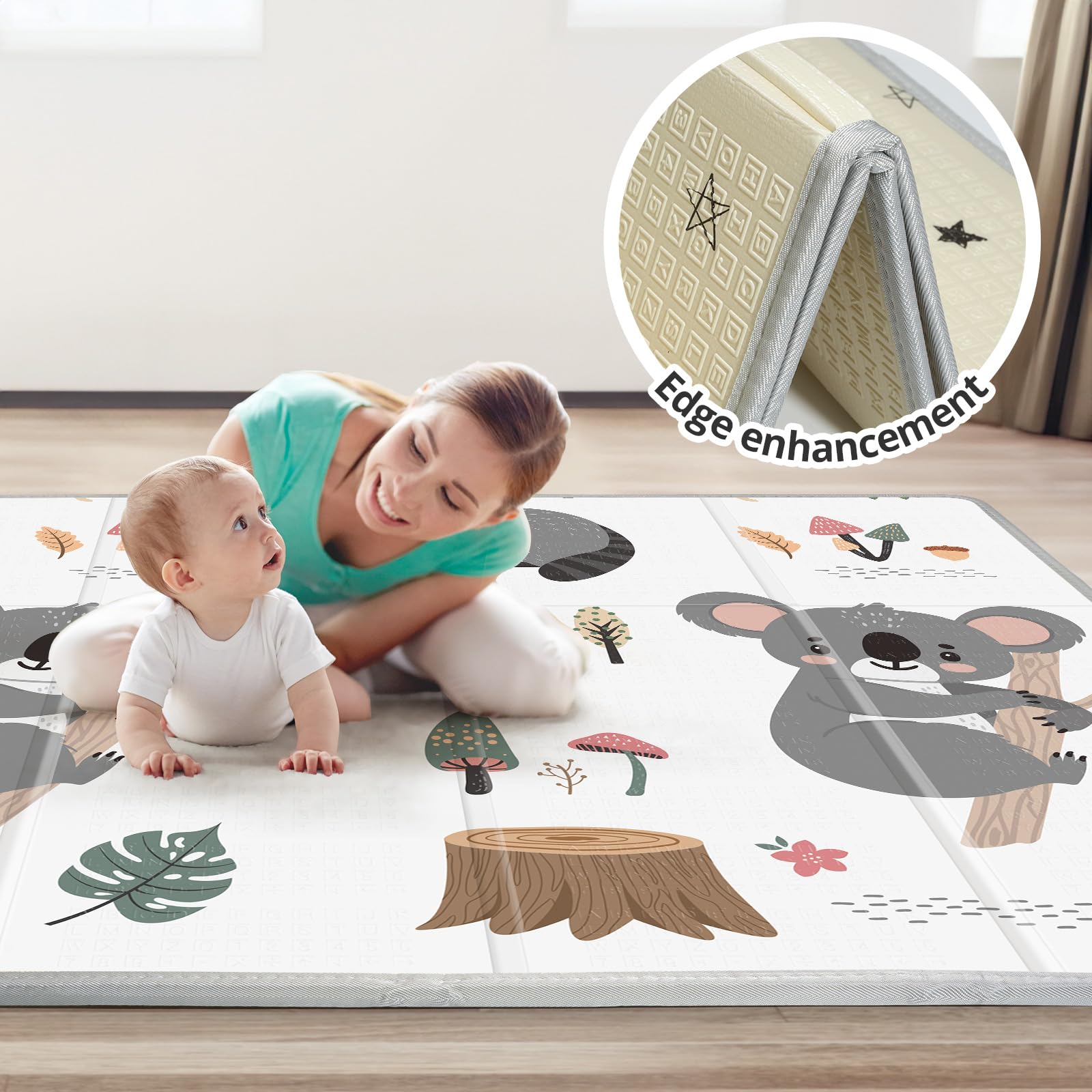 Foldable Baby Play Mat, PIGLOG 0.6in Thick Waterproof Playmats for Babies and Toddlers Kids, Safe Foam Playmat for Tummy Time, 50x50 Playpen Mat, Reversible Portable Baby Floor Mat for Infant, Koala