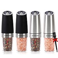 Gravity Electric Salt and Pepper Grinder Set of 4 - Battery Operated Automatic Salt and Pepper Mills with White Light,Adjustable Coarseness,One Handed Operation,Cleaning Brush by AmuseWit