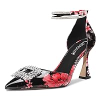 Castamere Women High Chunky Block Heel Ankle Strap Diamond Crystal Pointed Toe Pumps 3.3 Inches Heels