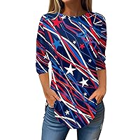 American Flag 4Th of July Tops for Women 2024 Funny Stars and Stripes Tie Dye Round Neck 3/4 Sleeve Shirts Outfit