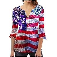 American Flag Tunic Tops Women Pleated Front Button V Neck Henley Shirt 3/4 Bell Sleeve 4th of July Patriotic Blouse