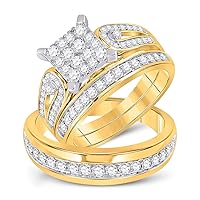 The Diamond Deal 14kt Yellow Gold His Hers Round Diamond Square Matching Wedding Set 1-1/5 Cttw