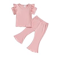 Kupretty Baby Girl Clothes Summer Solid Knit Ruffle Short Sleeve T-Shirt Tee & Flare Pants Set Toddler Bell-bottoms Outfit