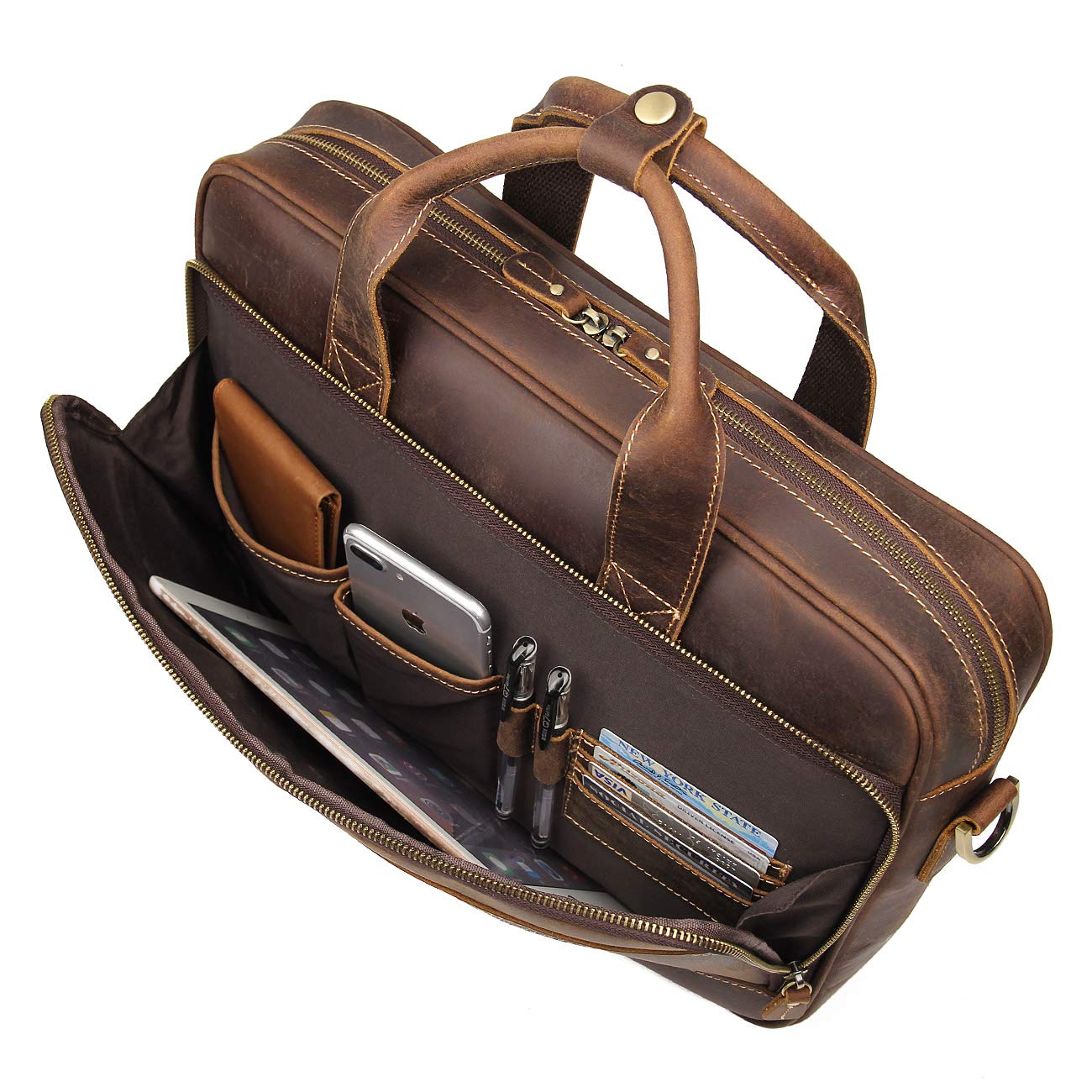 Augus Leather Messenger Bag for Men Vintage Travel Backpack 17 inch laptop Briefcase Shoulder Bags