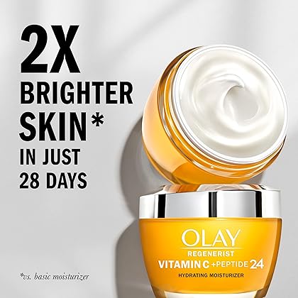 Olay Regenerist Vitamin C + Peptide 24 Brightening Face Moisturizer for Brighter Skin, Lightweight anti-aging cream for dark spots, Includes Olay Whip Travel size for dry, 1.7 oz