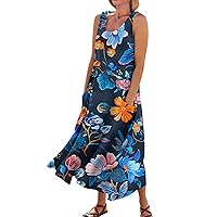 Women's Dresses 2024 Sleeveless Dress Summer Casual Fashion Printed Round Neck Pocket Dress, S-3XL