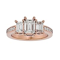 Certified 14K 3 pcs Emerald Cut Moissanite Diamond (2.31 Carat) Ring in 4 Prong Setting, 10 pcs Natural Round Cut Diamond (0.15 Carat) With White/Yellow/Rose Gold Engagement Ring For Women, Girl