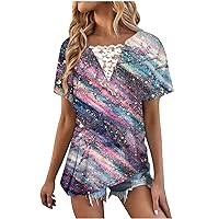 Women Button Ruched High Low Hem Asymmetrical Tops Summer Bohemian Floral Lace Patchwork V Neck Short Sleeve Shirts