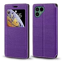 for Fairphone 4 Case, Wood Grain Leather Case with Card Holder and Window, Magnetic Flip Cover for Fairphone 4 (6.3”) Purple