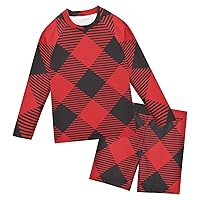 Red Black Plaid Boys Rash Guard Sets 2-Piece Long Sleeve Rash Guard Swimwear Swimming Suits,3T