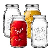 Regular Mouth Mason Jars 32 oz - (4 Pack) - Ball Regular Mouth Quart 32-Ounces Mason Jars With Airtight lids and Bands - For Canning, Fermenting, Pickling, Freezing, Storage + M.E.M Rubber Jar Opener