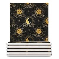 Sun Moon Cloud Ceramic Coasters with Cork Bottom Absorbent Drink Coasters Great Gift for Housewarming Room Decor Bar Square 3.7 Inches 6PCS