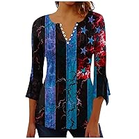 Block Tunic Tops for Women Independence Day Crewneck Casual Blouse Buttons Pleated 3/4 Beach Hawaiian Shirt
