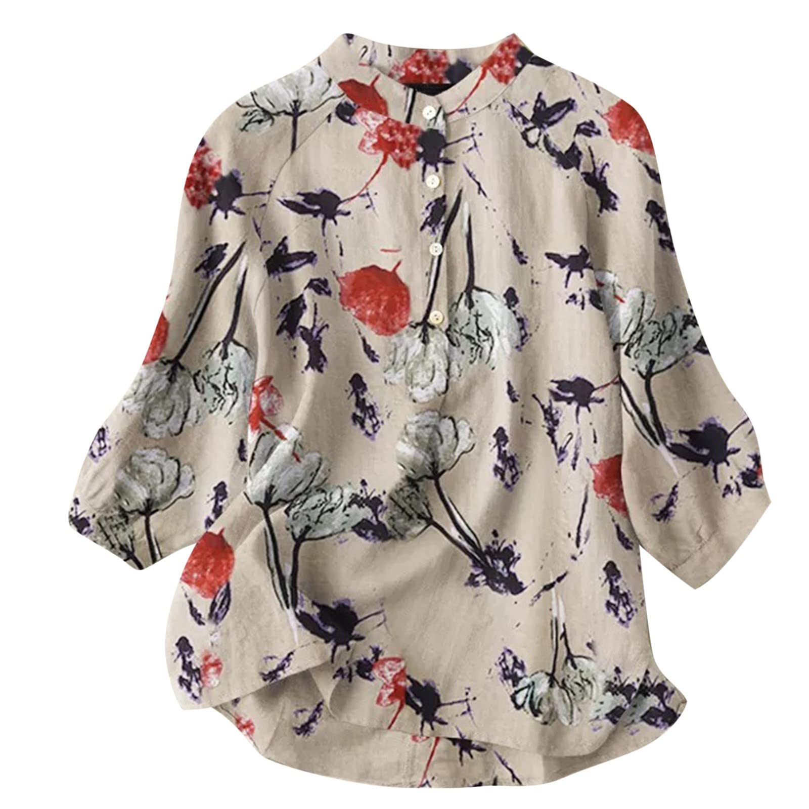 Long Sleeve Shirts for Women Fashion Floral Printed Loose Casual Stand Collar Button Down Blouse Ladies Plus Size Tops