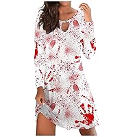 Halloween Dress for Women Scary Bloody Print Crewneck Keyhole Long Sleeve Mini Dresses Knee Length Fall Holiday Dress