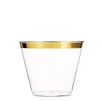 Munfix 100 Gold Plastic Cups - 9 Oz Clear Old Fashioned Tumblers - Fancy Gold Rimmed Cups - Disposable Wedding Cups - Elegant Party Cups with Gold Rim