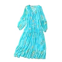 Women Dress Silk Floral Printed V Neck Long Sleeve Elastic High Waist Midi Green A Line Two Piece Set 2784