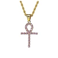Flower Ankh Cross Men Women 925 Italy Iced Gold Charm Ice Out Pendant Stainless Steel Real 3 mm Rope Chain, Mans Jewelry, Iced Pendant, Rope Necklace 16